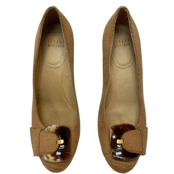 Stuart Weitzman Sz 6.5 Tan Leather Bucalina Tortoiseshell Buckle Round Toe Wedge - Picture 4 of 7